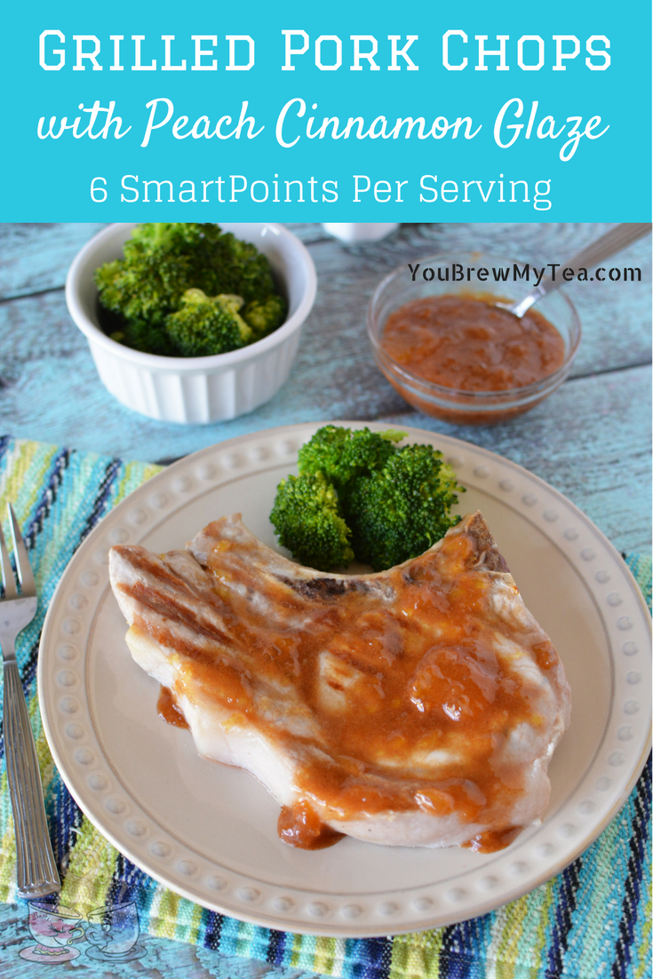 Grilled Pork Chops with Cinnamon Peach Marinade are going to be a new family favorite! Only 6 SmartPoints per pork chop and so easy to prepare!