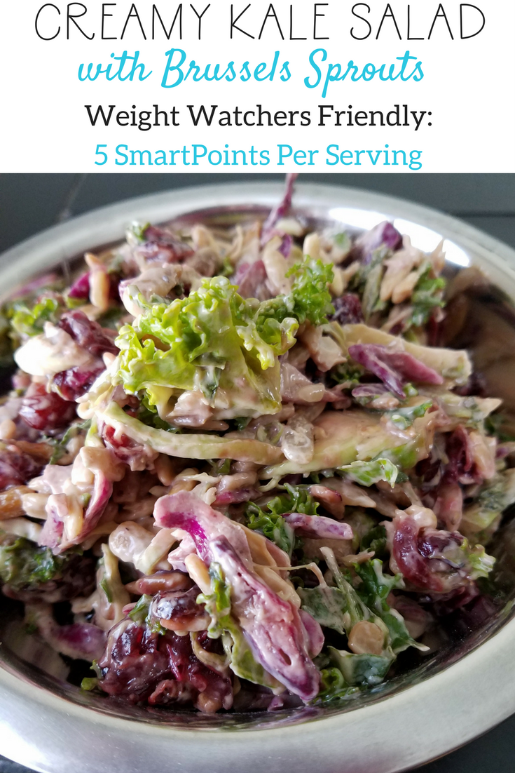 Creamy Kale Salad with Brussels Sprouts is a delicious option for Weight Watchers! Only 5 SmartPoints per serving and full of vitamins!