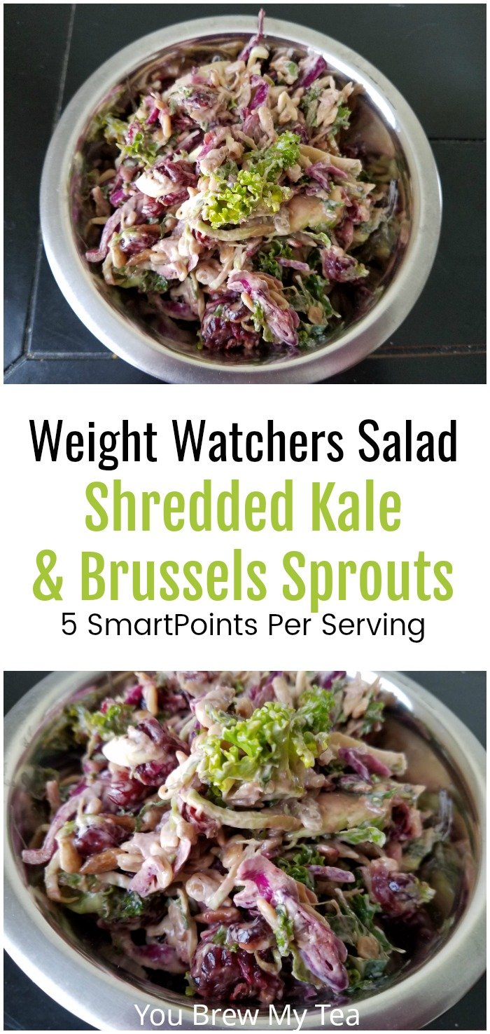 Creamy Kale Salad with Brussels Sprouts is a delicious option for Weight Watchers! Only 5 SmartPoints per serving and full of vitamins! | Weight Watchers Salad | Weight Watchers Recipes | SmartPoints Recipes | Kale Salad | Brussels Sprouts Recipes