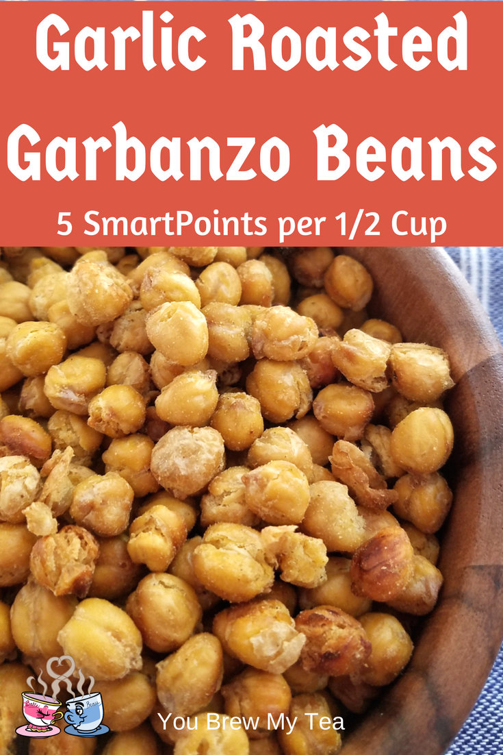 Garlic Roasted Garbanzo Beans are a delicious snack everyone will love! WIth only 5 SmartPoints per ½ cup, they fit a vegan Weight Watchers diet easy!