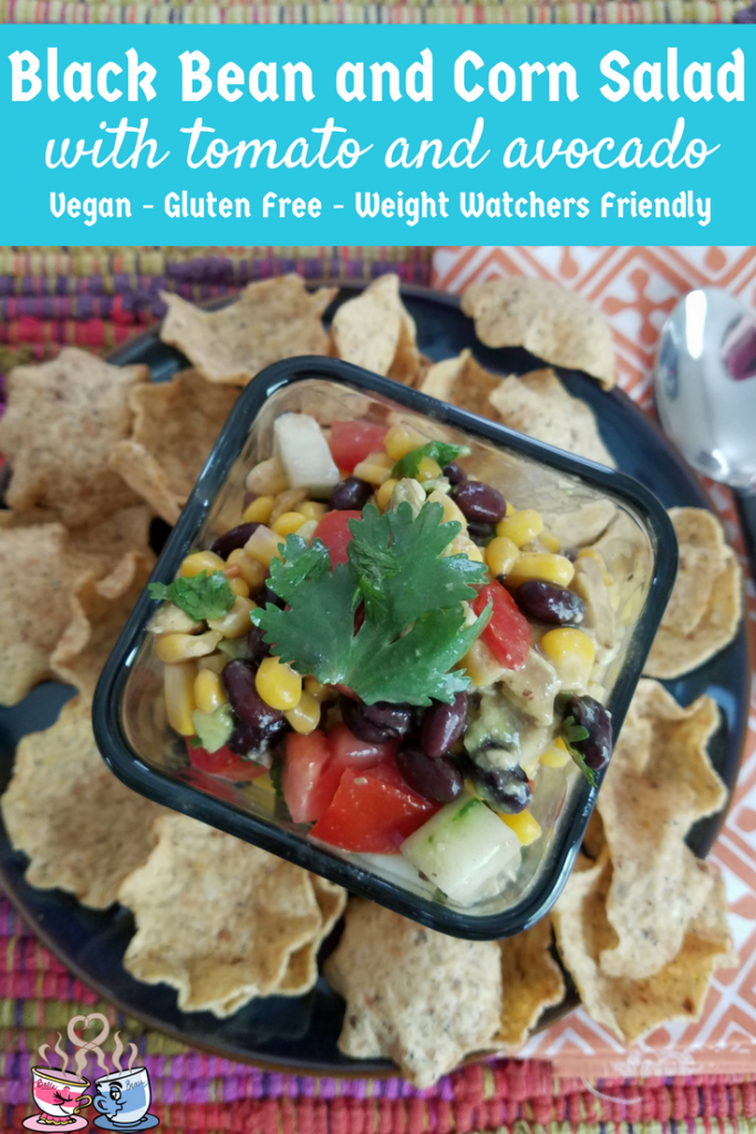 Black Bean and Corn Salad with tomato and avocado is often also called Cowboy Caviar! Check out our Low SmartPoint recipe and easy to make homemade snack!