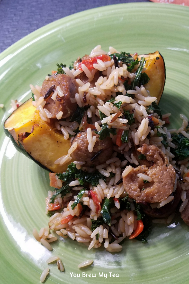 Vegan Stuffed Acorn Squash is a great option using wild rice and Field Roast Vegan Sausages! A great Thanksgiving dinner recipe for vegan families to enjoy!