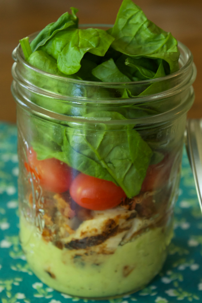 Make our Easy Avocado Sauce and Salad Dressing and build a delightful and healthy mason jar salad for only 2 Weight Watchers FreeStyle Smart Points!