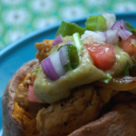Make my Baked Chicken Fajita Loaded Sweet Potato for a super easy and low point meal that everyone in your house will love. This stuffed sweet potato recipe contains zero point baked chicken fajitas and a yummy low point avocado sauce that makes the flavors pop!