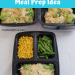 Cheesy chicken and rice meal prep idea prepared and stacked in 3 compartment meal prep containers while laying on a white surface.