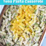 Overhead shot of tuna noodle casserole in large baking dish laying on table