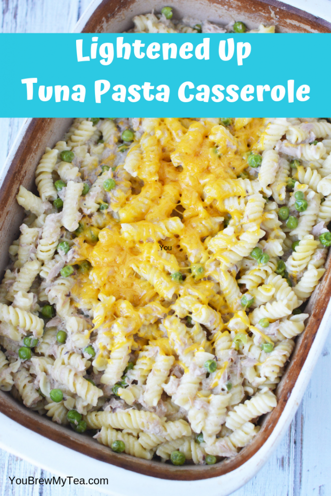 Overhead shot of tuna noodle casserole in large baking dish laying on table