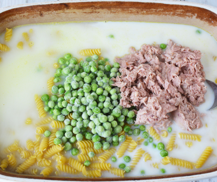 Ingredients in casserole dish prior to mixing