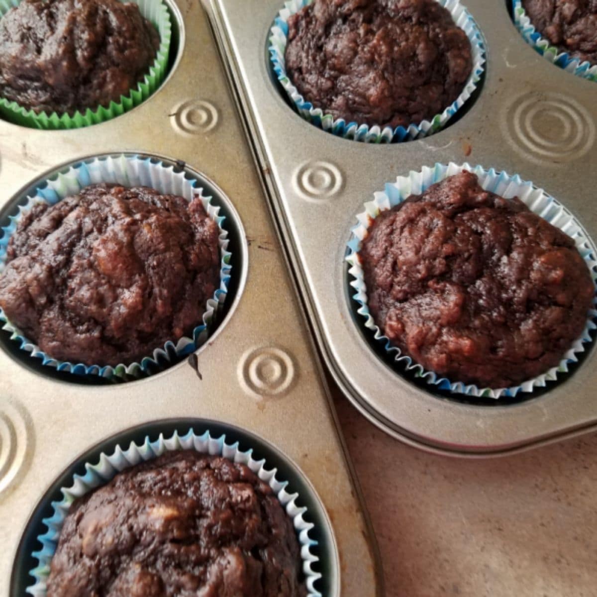 chocolate muffins in muffin tin with paper liners
