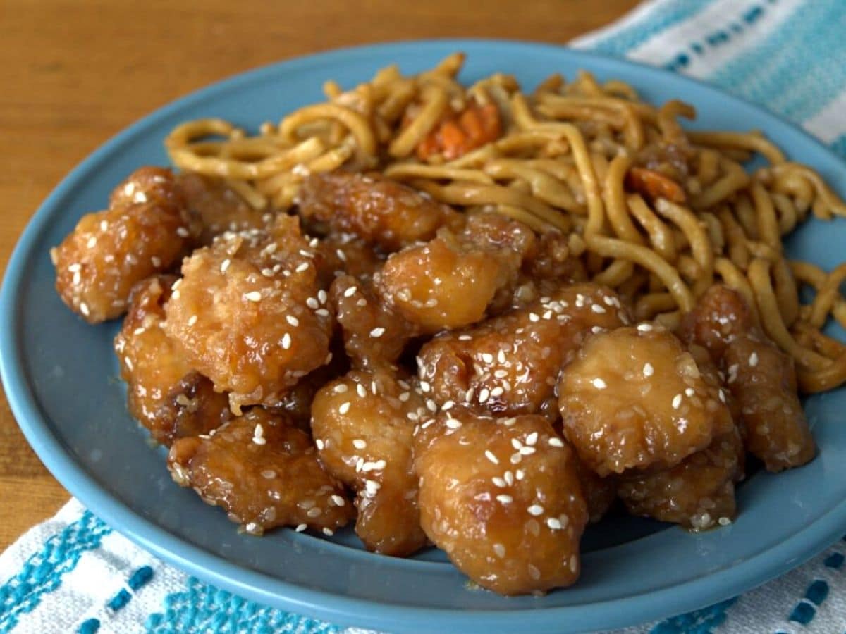 blue plate on striped napkin topped with chicken and noodles