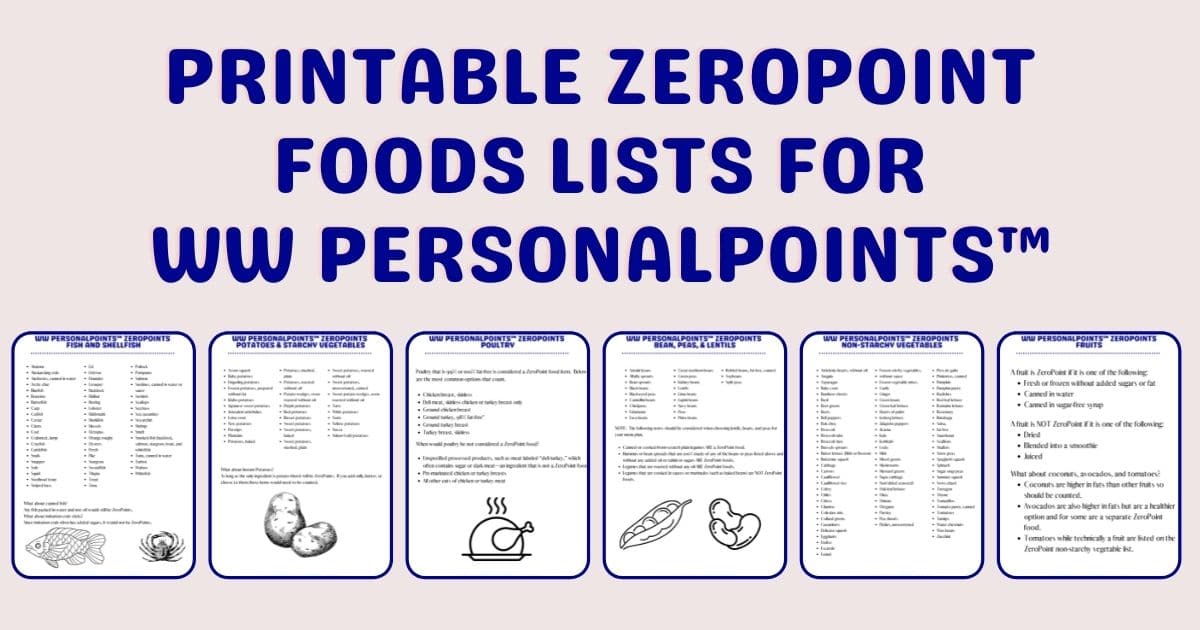 graphic that says printable zeropint foods slits for ww personalppints in blue at top and has images of the printables below