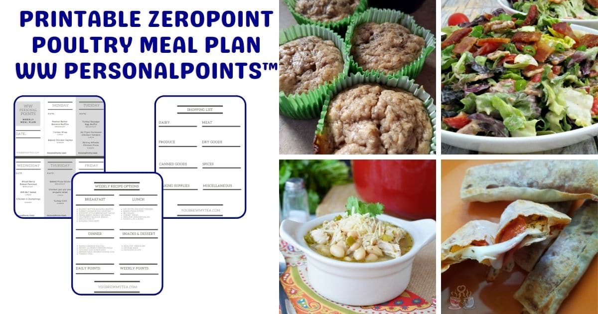 collage image with recipe pictures and a blue overlay that says printable zeropoint poultry meal plan