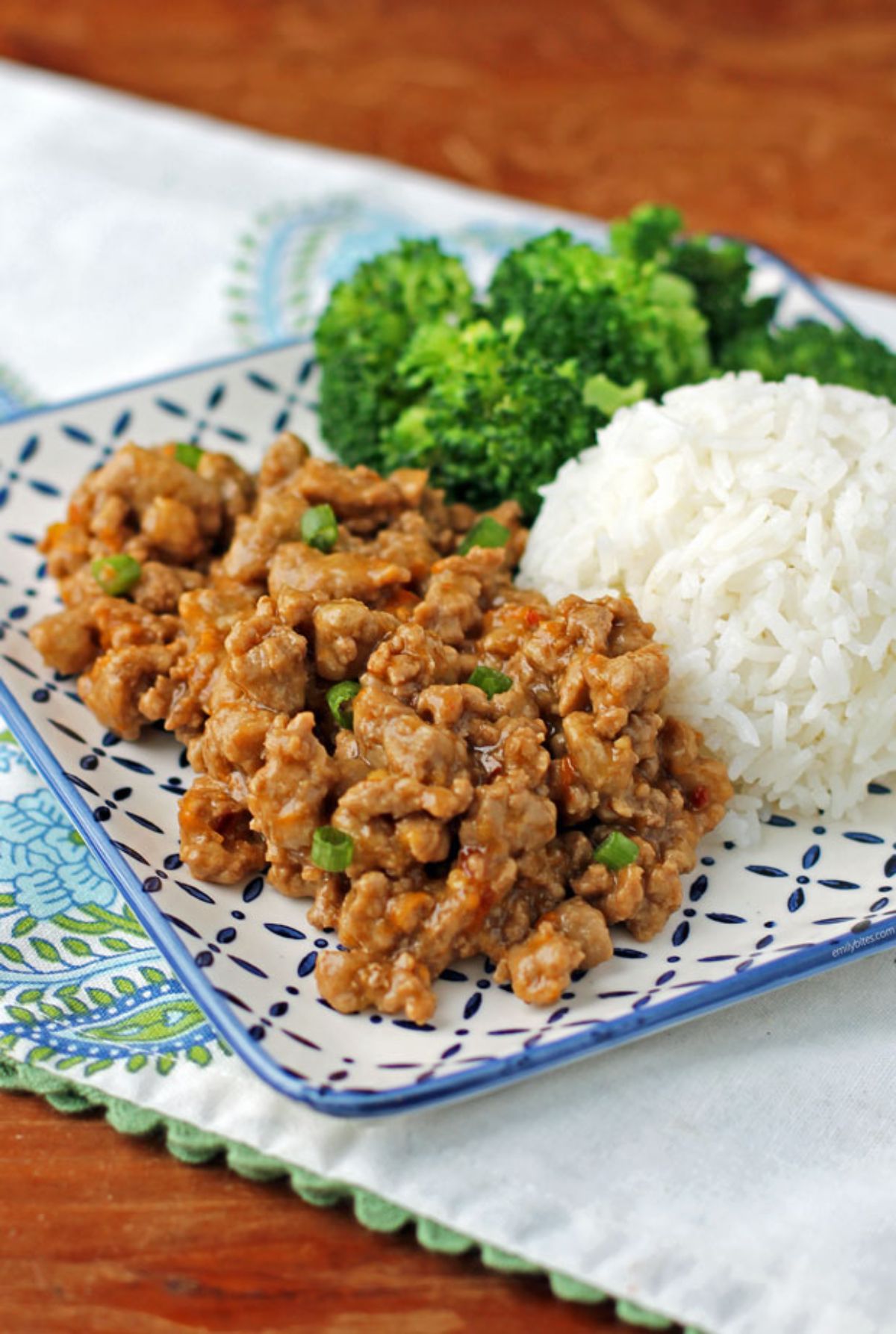 ground turkey on blue and white plate with scoop of rice and broccoli