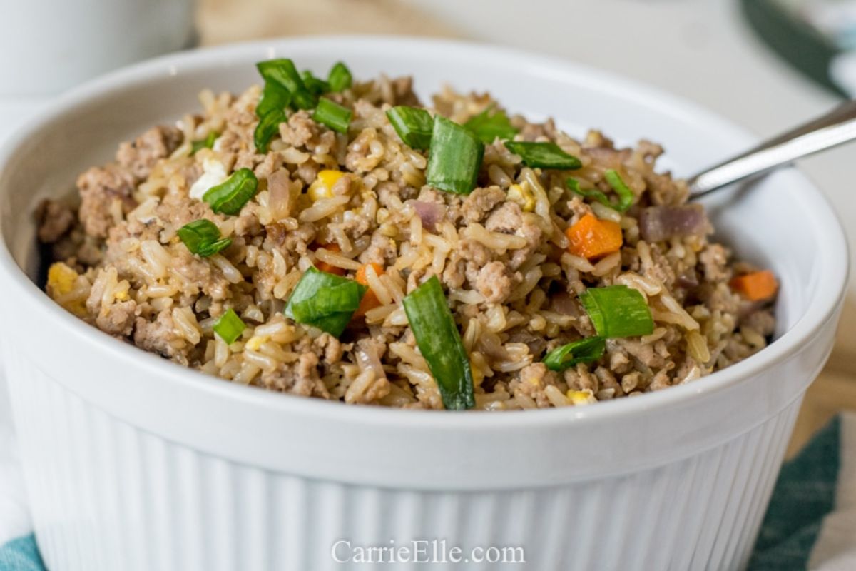 fried rice in large white ramekin