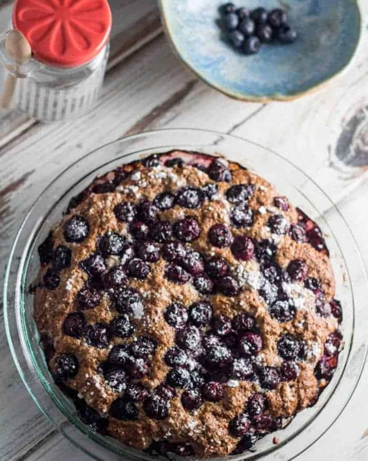 blueberry coffee cake in glass pan