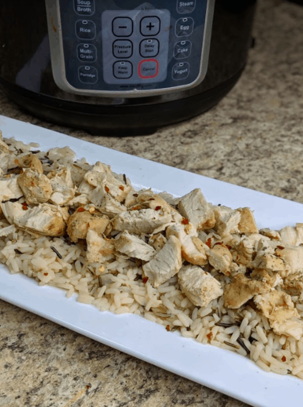 white platter of chicken and rice by instant pot