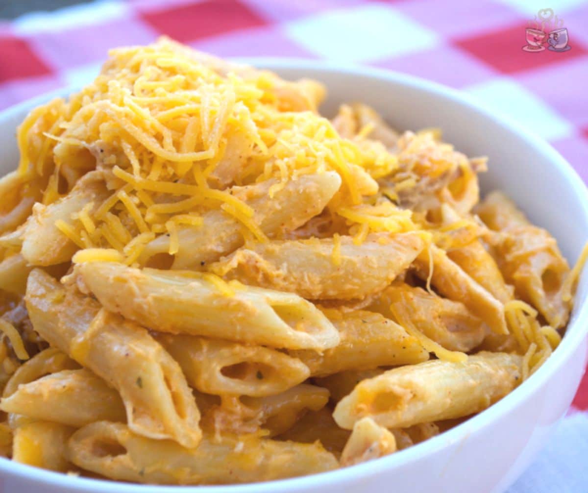 chicken pasta with cheese in white bowl on red checked napkin