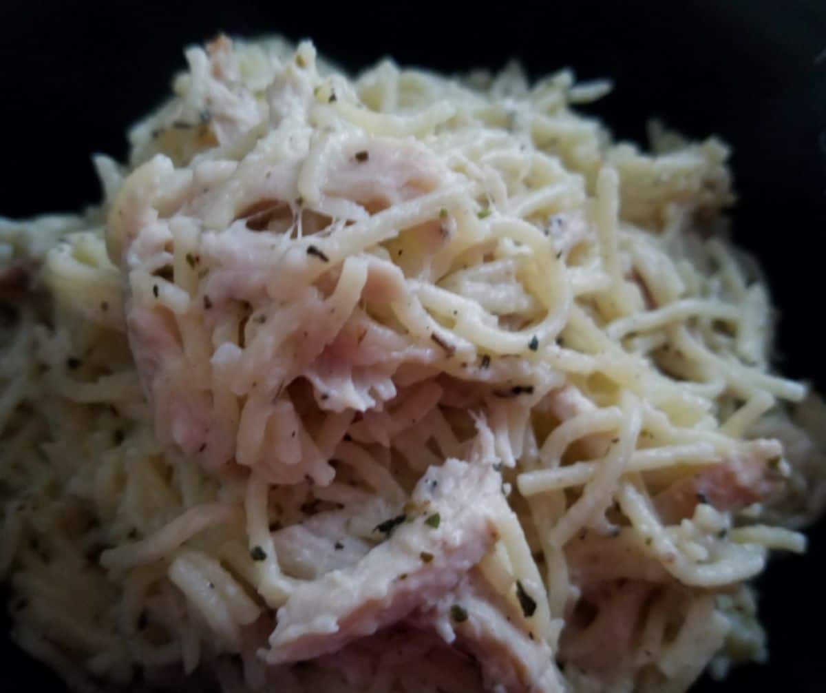 chicken alfredo in black bowl