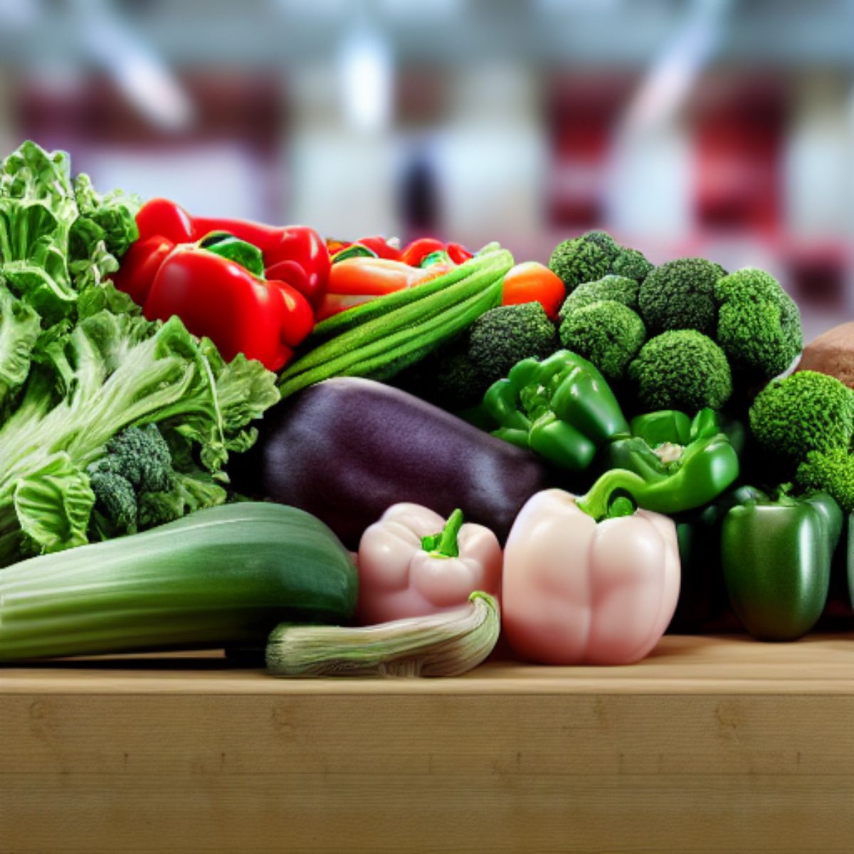 wood table with stacks of fresh vegetables