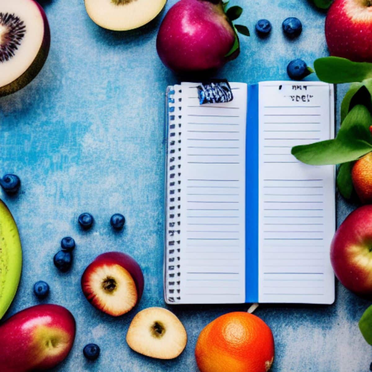 white and blue notebook on blue table with fresh fruit