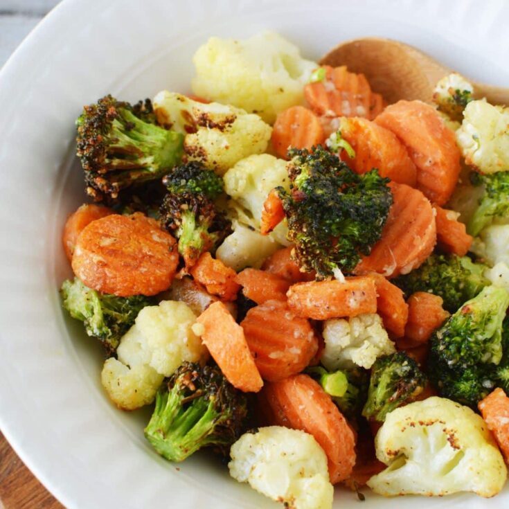 white bowl of roasted vegetables