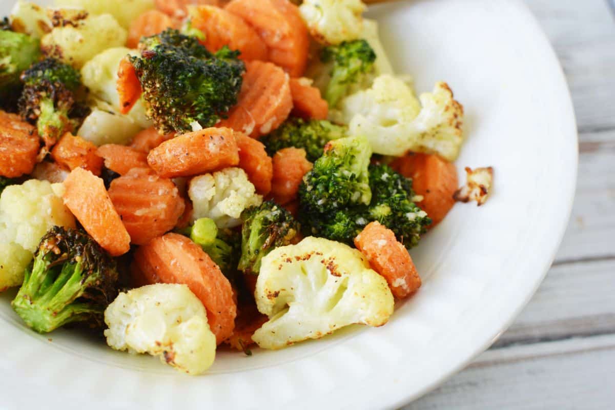 white bowl of roasted vegetables