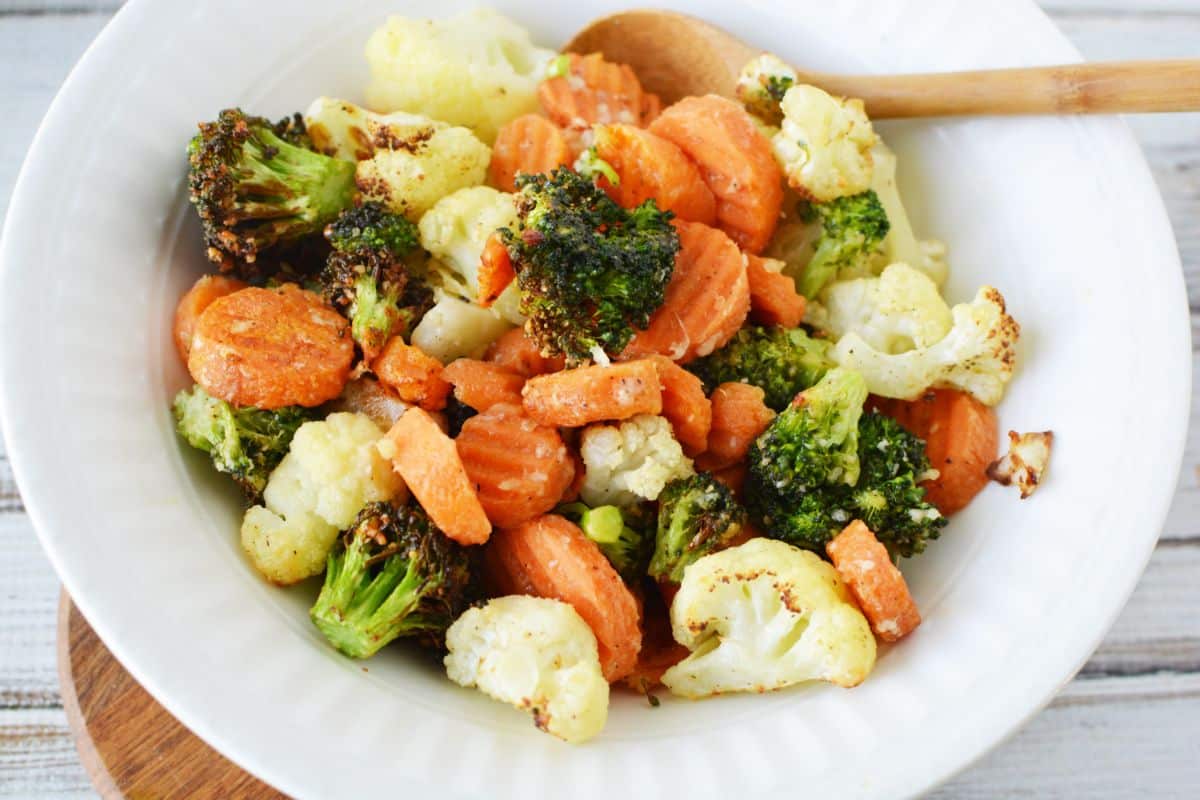 parmesan roasted vegetables in white bowl